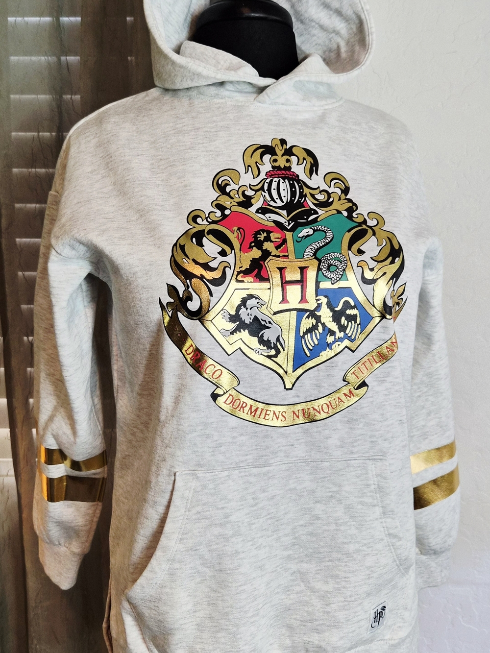 Harry Potter Hogwarts Crest Light Gray Hoodie w/ Gold Details #0278